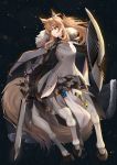  1girl absurdres animal_ears arknights armor bangs blemishine_(arknights) blonde_hair breastplate brown_eyes cape centaur commentary_request eyebrows_visible_through_hair fur-trimmed_cape fur_trim highres holding holding_sword holding_weapon horse_ears light_particles long_hair mr_blackcat parted_lips shield solo sword tail vambraces weapon 