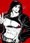  1boy abs aikawa_(dorohedoro) bandaid bandaids_on_nipples bara black_hair black_hoodie chest chest_harness climaxmukr dorohedoro harness hood hood_up hoodie licking_lips male_focus multiple_monochrome muscle navel open_clothes open_hoodie pasties pectoral_press red_background short_hair sideburns solo tongue tongue_out upper_body 