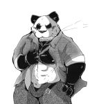  2020 anthro barazoku beastars blush bottomwear clothed clothing giant_panda gouhin kemono male mammal monochrome open_clothing open_shirt open_topwear pants scar shirt simple_background snow_utamaru solo topwear ursid white_background 