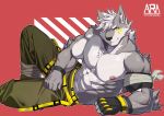  2020 abs anthro biceps bottomwear canid canine canis clothing digital_media_(artwork) fur hair littleblackalas male mammal muscular muscular_anthro muscular_male pecs simple_background solo wolf 