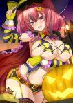  1girl azur_lane bangs bare_shoulders belt bikini blush breasts bremerton_(azur_lane) cleavage halloween hat highres jack-o&#039;-lantern large_breasts long_hair looking_at_viewer open_mouth pink_eyes pink_hair shibata_rai sidelocks smile swimsuit thighs twintails witch_hat 