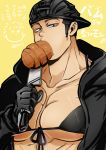  1boy aikawa_(dorohedoro) backwards_hat bara black_hair black_hoodie bra chest climaxmukr dorohedoro eating food_in_mouth half-closed_eyes hat hood hoodie knife male_focus muscle open_clothes open_hoodie open_mouth risu_(dorohedoro) short_hair sideburns solo translation_request underwear upper_body 