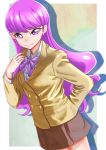  1girl amawa_kazuhiro arm_behind_back bangs border brown_jacket brown_skirt closed_mouth collared_shirt cowboy_shot dress_shirt dutch_angle earrings eyebrows_visible_through_hair grey_shirt highres jacket jewelry kirakira_precure_a_la_mode kotozume_yukari long_hair long_sleeves looking_at_viewer miniskirt outside_border pleated_skirt precure purple_eyes purple_hair purple_neckwear school_uniform shadow shiny shiny_hair shirt skirt smile solo standing straight_hair very_long_hair white_border wing_collar 