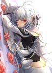  1girl commentary_request eyebrows_visible_through_hair faicha fate/grand_order fate/prototype fate_(series) flower long_hair looking_at_viewer lying merlin_(fate/prototype) on_stomach petals pointy_ears red_eyes silver_hair simple_background solo white_background 