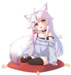  1girl animal_ears bell black_legwear collar commission done_(donezumi) fang fox_ears fox_tail full_body hair_ornament jingle_bell kamiko_kana long_hair long_sleeves looking_at_viewer orange_eyes pillow red_hair sitting sitting_on_pillow sleeves_past_wrists strap_slip sweater tail thighhighs tsunderia white_hair yokozuwari zettai_ryouiki 