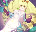  1girl bangs big_hair blonde_hair breasts commission drill_hair earrings eyebrows_visible_through_hair jewelry large_breasts long_hair navel older ophiuchus ophiuchus_queen rockman ryuusei_no_rockman sakuraba_(kirsche_x) shirogane_luna skeb_commission smile snake solo transformation twintails yellow_eyes 