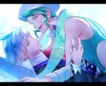  2boys aqua_eyes bare_shoulders closed_mouth collared_shirt commentary_request eyelashes green_hair hat jacket jewelry long_sleeves looking_at_viewer male_focus multiple_boys open_mouth pokemon pokemon_(game) pokemon_oras ring shirt silver_hair steven_stone tongue tsuneo_(popcoansuki) wallace_(pokemon) white_shirt 