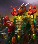  anthro armor blood blue_eyes bodily_fluids cape claws clothed clothing detailed_background dragon hi_res holding_object holding_weapon horn link2004 male melee_weapon multicolored_body muscular muscular_anthro muscular_male orange_body partially_clothed plushie raining solo spikes sword two_tone_body weapon 