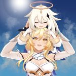  2girls absurdres blonde_hair breasts carrying_overhead closed_eyes cloud detached_sleeves genshin_impact halo happy highres long_hair lumine_(genshin_impact) medium_breasts multiple_girls on_person open_mouth paimon_(genshin_impact) platinum_blonde_hair short_hair sky smile soruna_(nell) yellow_eyes 
