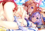  2girls :o all_fours beach bikini blue_eyes blue_hair blush bow bra breasts clam_shell clothes_pull cloud collar commentary_request cross_hair_ornament day eyewear_on_head flat_chest fujima_takuya gochuumon_wa_usagi_desu_ka? hair_bobbles hair_bow hair_ornament hat heart heart-shaped_eyewear hoto_cocoa kafuu_chino large_breasts lens_flare long_hair looking_at_viewer low_twintails lying mouth_hold multiple_girls navel ocean on_back orange_hair outdoors panties purple_eyes sand sand_castle sand_sculpture seashell shell short_hair sky smile starfish sunlight swimsuit twintails underwear yuri 