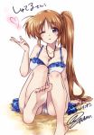  1girl artist_name bangs bikini blue_eyes breasts brown_hair cleavage collarbone commentary_request commission dated eyebrows_visible_through_hair feet foot_up frilled_bikini frills gesture hair_tie heart kuroi_mimei long_hair looking_at_viewer lyrical_nanoha mahou_shoujo_lyrical_nanoha_strikers medium_breasts one_eye_closed parted_lips raising_heart side_ponytail signature sitting skeb_commission smile solo swimsuit takamachi_nanoha white_background white_bikini 