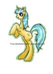  2014 alpha_channel blue_hair crown digital_drawing_(artwork) digital_media_(artwork) equid equine female feral fur hair hasbro hi_res horn horse mammal my_little_pony pink_eyes pony solo standing standing_on_hind_legs text tinylittlewatermelon unicorn url watermark yellow_body yellow_fur 