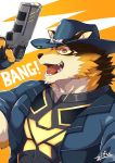  1boy animal_ear_fluff animal_ears bara beige_fur brown_fur character_request fingerless_gloves fox_boy fox_ears from_side gloves gun hat highres holding holding_gun holding_weapon live_a_hero looking_at_viewer male_focus muscle open_mouth orange_fur police police_hat police_uniform smile solo uniform upper_body weapon zifuuuun 