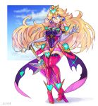  1girl blonde_hair blue_eyes breasts cosplay crown gloves highres large_breasts long_hair mario_(series) oomasa_teikoku princess_peach pyra_(xenoblade) skindentation xenoblade_chronicles_(series) xenoblade_chronicles_2 