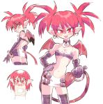  1girl :3 ass back bandeau bangle bat_wings belt black_bandeau black_gloves black_legwear blush blush_stickers bracelet character_sheet choker commentary crossed_arms demon_girl disgaea earrings elbow_gloves embarrassed etna eyebrows_visible_through_hair eyes_visible_through_hair flat_chest gloves groin hair_between_eyes hair_tie hand_on_hip holding_own_tail inkerton-kun jewelry looking_back makai_senki_disgaea microskirt midriff mini_wings multiple_views naked_towel naughty_face navel open_mouth pencil_skirt pointy_ears red_eyes red_hair shaded_face sharp_teeth shoulder_blades simple_background skirt skull_earrings slit_pupils smile tail teeth thighhighs tongue tongue_out towel twintails wet white_background wings zettai_ryouiki 