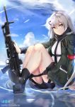  1girl armband blue_sky boots cellphone character_name cloud combat_boots copyright_name eyebrows_visible_through_hair girls_frontline gun h&amp;k_mg4 hair_between_eyes hair_ornament hairclip highres jacket long_hair looking_at_viewer machine_gun mg4_(girls_frontline) military_jacket necktie phone short_shorts shorts silver_hair sitting sky smartphone smile solo spider_apple thighs water weapon yellow_eyes 