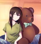  1girl aihara_mei arm_rest black_hair blackwingbinlan blanket bow bowtie casual citrus_(saburouta) commentary_request commission dated green_shirt long_hair mixed-language_commentary one_eye_closed purple_eyes shadow shirt sitting solo stuffed_animal stuffed_toy teddy_bear 