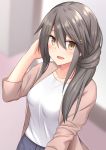  1girl akahi242 alternate_costume alternate_hairstyle breasts brown_eyes brown_shirt collarbone grey_hair hair_ornament hairclip haruna_(kantai_collection) highres kantai_collection large_breasts long_hair long_sleeves open_clothes open_shirt shirt solo upper_body white_shirt 