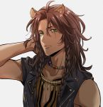  animal_ears arm_behind_head black_vest brown_hair collarbone dao_(daao_bf) dark_skin expressionless fang_necklace film_grain green_eyes hair_over_shoulder highres leona_kingscholar lion_boy lion_ears long_hair necktie official_style scar scar_across_eye shirt simple_background sleeveless sleeveless_shirt toboso_yana_(style) twisted_wonderland vest white_background 