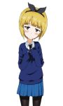  1girl alternate_costume alternate_headwear bangs black_legwear black_neckwear black_ribbon blonde_hair blue_skirt blue_sweater blunt_bangs blush bob_cut closed_mouth commentary cowboy_shot cutlass_(girls_und_panzer) dress_shirt eyebrows_visible_through_hair frown girls_und_panzer hair_ribbon half-closed_eyes hands_on_own_chest head_tilt kayabakoro long_sleeves miniskirt necktie no_emblem pantyhose pleated_skirt ribbon school_uniform shirt short_hair simple_background skirt sleeves_past_wrists solo st._gloriana&#039;s_school_uniform standing sweater v-neck white_background white_shirt wing_collar yellow_eyes 