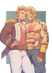  2boys abs absurdres alternate_eye_color bara beowulf_(fate/grand_order) blonde_hair blue_eyes brown_hair bulge chest chest_scar commission denim face-to-face facial_hair fate/grand_order fate_(series) goatee hand_on_another&#039;s_shoulder highres jeans male_focus multiple_boys muscle napoleon_bonaparte_(fate/grand_order) navel nipples open_clothes open_shirt pants rikigo scar shirtless short_hair shoulder_tattoo sideburns tattoo thighs white_pants yaoi yellow_eyes 
