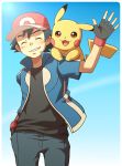  1boy ash_ketchum bangs baseball_cap black_gloves black_hair black_shirt blue_jacket closed_eyes commentary_request cowboy_shot cyaneko fingerless_gloves gen_1_pokemon gloves hand_in_pocket hand_up hat jacket on_shoulder pants pikachu pokemon pokemon_(anime) pokemon_(creature) pokemon_on_shoulder pokemon_xy_(anime) red_headwear shirt short_sleeves smile teeth 