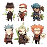 6+boys archie_(pokemon) arms_at_sides arms_behind_back artist_name blue_bandana boots chibi closed_mouth coat commentary cyrus_(pokemon) dark_skin dark_skinned_male eyepiece facial_hair ghetsis_harmonia giovanni_(pokemon) glasses green_hair hand_in_pocket hand_up hat holding holding_poke_ball jewelry long_hair looking_at_viewer lysandre_(pokemon) maxie_(pokemon) multiple_boys necklace orange_hair poke_ball pokemon pokemon_(game) pokemon_bw2 pokemon_dppt pokemon_hgss pokemon_oras pokemon_xy smile spiked_hair ssalbulre teeth watermark 