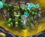  anthro armor breasts clenched_teeth clothed clothing crocodilian detailed_background duo fangs female green_body green_eyes link2004 male mask multicolored_body muscular muscular_anthro muscular_male open_mouth pacific_rim reptile scalie snake teeth wadjet_(kiala_tiagra) 