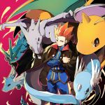  1boy aerodactyl black_cape blue_jacket blue_pants cape closed_mouth commentary dragonair dragonite gen_1_pokemon gyarados highres holding holding_cape jacket lance_(pokemon) long_sleeves looking_to_the_side noon_(noneness) orange_eyes orange_hair pants pokemon pokemon_(creature) pokemon_(game) pokemon_hgss spiked_hair 