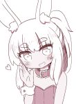  1girl animal_ear_fluff animal_ears bangs bare_shoulders blush bunny_ears collar collarbone commentary_request eyebrows_visible_through_hair hand_up head_tilt heart heart-shaped_pupils highres leotard long_hair looking_at_viewer masurao_(sekaiju) monochrome naga_u open_mouth ponytail sekaiju_no_meikyuu sekaiju_no_meikyuu_5 short_eyebrows sidelocks simple_background smile solo strapless strapless_leotard symbol-shaped_pupils thick_eyebrows upper_body white_background wrist_cuffs 