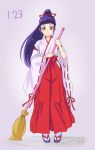  1girl bangs blunt_bangs broom chocokin closed_mouth floating_hair full_body grey_background hair_ribbon hakama high_ponytail holding holding_broom izayoi_liko japanese_clothes kimono long_hair long_sleeves looking_at_viewer mahou_girls_precure! precure purple_eyes purple_hair red_hakama red_ribbon ribbon ribbon-trimmed_sleeves ribbon_trim shiny shiny_hair smile solo standing tabi very_long_hair white_kimono white_legwear wide_sleeves 