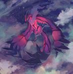  cloud commentary from_below full_body gen_6_pokemon green_eyes legendary_pokemon night no_humans open_mouth outdoors pippi_(pixiv_1922055) pokemon pokemon_(creature) sky solo star_(sky) talons wings yveltal 