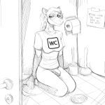  1:1 2020 anthro bathroom bottomless clothed clothing didelphid english_text eyewear flaccid genitals glasses gynomorph hi_res hladilnik intersex kneeling living_toilet mammal marsupial monochrome penis sitting sketch smug solo text trans_(lore) trans_woman_(lore) willow_(glopossum) 