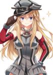  1girl anchor bangs bismarck_(kantai_collection) black_headwear blonde_hair blue_eyes brown_gloves fathom gloves hair_between_eyes hand_on_headwear hand_on_hip hat highres kantai_collection long_hair looking_at_viewer military military_hat military_uniform peaked_cap simple_background smile solo sparkle uniform white_background 