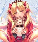  1girl bangs blonde_hair blurry blush breasts coat coffee_cup crown cup depth_of_field disposable_cup duffel_coat ereshkigal_(fate/grand_order) eyebrows_visible_through_hair fate_(series) fingernails fingers grey_sweater hair_ribbon half-closed_eyes highres holding holding_cup jewelry long_hair long_sleeves looking_at_viewer nail_polish open_clothes outdoors parted_bangs pink_nails plaid plaid_scarf red_coat red_eyes red_ribbon ribbon scarf sidelocks solo sweater tiara tsurime two_side_up upper_body v-shaped_eyebrows 