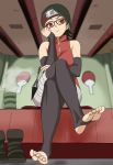  1girl asymmetrical_hair black_hair black_legwear blurry boruto:_naruto_next_generations cup depth_of_field detached_sleeves feet forehead_protector glasses hand_on_own_face highres konohagakure_symbol kunai legs_crossed looking_at_viewer naruto_(series) nush_advance raised_eyebrow red_eyes sharingan shoes_removed short_hair sitting sleeveless soles solo thighhighs toeless_legwear toes uchiha_sarada uchiha_symbol weapon zipper zipper_pull_tab 