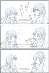  2girls :3 apron bowl chopsticks chopsticks_in_mouth comic dotera_(clothes) food hibike!_euphonium hotpot kasaki_nozomi liz_to_aoi_tori long_hair multiple_girls open_mouth ponytail simple_background sweater takahashi_mugi translation_request turtleneck turtleneck_sweater yoroizuka_mizore 