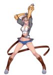  1girl absurdres arms_up belt blazblue blazblue:_chronophantasma boots breasts brown_eyes brown_hair bullet_(blazblue) cleavage dark_skin denim denim_shorts full_body gameplay_mechanics gauntlets grin highres large_breasts looking_at_viewer micro_shorts navel short_hair shorts smile solo torn_clothes transparent_background unpokotan 