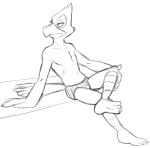  anthro avian barefoot black_and_white briefs clothed clothing colored_underwear falco_lombardi hand_on_knee hand_on_leg male monochrome navel nintendo simple_background sitting sketch solo star_fox thegreatmatsutzu topless underwear video_games white_background 