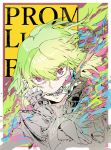  1boy background_text bangs breathing_fire character_name copyright_name cravat earrings fire frilled_shirt_collar frills green_hair hair_between_eyes highres hiranko jacket jewelry lio_fotia looking_at_viewer male_focus open_mouth pink_eyes promare short_hair solo spot_color teeth upper_body 