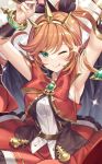  1girl ;q armpits arms_up bangs belt blush bow bracelet breasts brooch cape clarisse_(granblue_fantasy) commentary_request crown eyebrows_visible_through_hair granblue_fantasy green_eyes hair_ribbon highres jewelry ks_(xephyrks) lips long_hair looking_at_viewer medium_breasts one_eye_closed orange_hair ponytail red_skirt ribbon shirt skirt sleeveless sleeveless_shirt smile solo tongue tongue_out white_shirt 