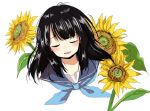  1girl black_hair blue_neckwear blue_sailor_collar blush closed_eyes commentary_request facing_viewer flower highres leaf long_hair manmi neckerchief open_mouth original portrait sailor_collar simple_background smile solo sunflower white_background yellow_flower 