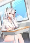  1girl absurdres azur_lane black_bow black_skirt blue_sky bow breast_rest breasts button_gap classroom cleavage collared_shirt eyebrows_visible_through_hair hair_bow heart highres holding holding_pen huge_breasts indoors j_yak47 long_hair looking_at_viewer multicolored_hair no_bra orange_eyes partially_unbuttoned pen prinz_eugen_(azur_lane) red_hair shirt sitting skirt sky solo white_hair white_shirt window 