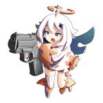  1girl angry automatic_giraffe boots floating genshin_impact grey_eyes gun hair_between_eyes halo handgun holding holding_gun holding_weapon minigirl open_mouth paimon_(genshin_impact) pistol solo v-shaped_eyebrows weapon white_background white_hair wings 