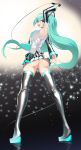  1girl absurdres aqua_eyes aqua_hair aqua_neckwear armpits ass black_legwear black_sleeves boots breasts detached_sleeves from_behind hatsune_miku headphones headset highres long_hair looking_at_viewer looking_back necktie no_panties shiny shiny_hair shiny_skin skirt sleeveless solo standing thigh_boots thighhighs twintails very_long_hair vocaloid volyz 