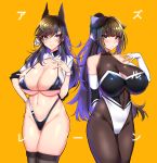  2girls animal_ears atago_(azur_lane) atago_(stunning_speedster)_(azur_lane) azur_lane bangs black_hair black_legwear blush breasts cameltoe cleavage elbow_gloves eyebrows_visible_through_hair fingerless_gloves funaya_(a2brasd) gloves highleg highleg_swimsuit highres large_breasts long_hair looking_at_viewer multiple_girls navel pantyhose ponytail race_queen revealing_clothes skindentation smile swimsuit takao_(azur_lane) translation_request yellow_4 yellow_background 