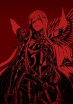  1girl armor fate/grand_order fate_(series) hair_over_one_eye highres katana monochrome mugetsu2501 oda_nobunaga_(fate)_(all) oda_nobunaga_(maou_avenger)_(fate) red_background red_eyes solo sword weapon 
