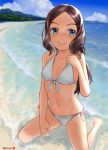  1girl bangs beach bikini blue_eyes blush breasts brown_hair cloud day fate/grand_order fate_(series) forehead highres leonardo_da_vinci_(fate/grand_order) leonardo_da_vinci_(rider)_(fate) long_hair mu-pyon ocean outdoors parted_bangs side-tie_bikini sitting sky small_breasts smile solo swimsuit twitter_username water white_bikini 