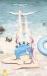  1girl absurdres bangs beach bikini blue_hair breasts closed_eyes crab drink hair_ornament hair_over_one_eye headband highres innertube large_breasts lying ocean on_stomach outdoors re:zero_kara_hajimeru_isekai_seikatsu rem_(re:zero) short_hair smile solo swimsuit water x_hair_ornament zero_zelo 