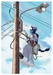  1girl bangs blue_hair blue_skin blue_sky braid braided_ponytail cable cloud cloudy_sky dmitriy_samarkin dress gloves grey_sash hat highres horns long_hair original power_lines repairing sky solo twitter_username utility_pole very_long_hair white_dress white_gloves white_headwear youkai 